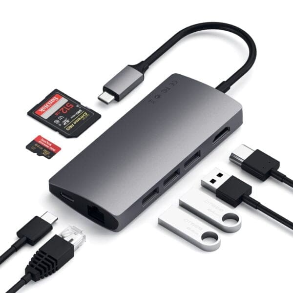 Satechi USB-C Multi-Port Pass Through αντάπτορας v.2 (Gigabit Ethernet, 3xUSB 3.0, SD/MicroSD, HDMI) σε χρώμα Space Grey