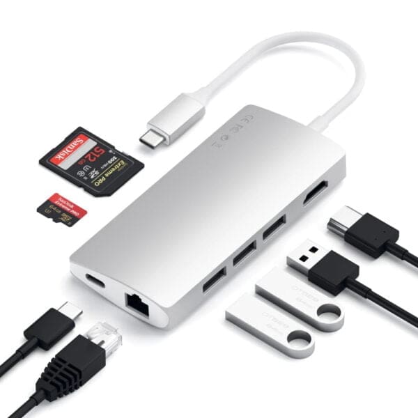Satechi USB-C Multi-Port Pass Through αντάπτορας v.2 (Gigabit Ethernet, 3xUSB 3.0, SD/MicroSD, HDMI) σε χρώμα Silver