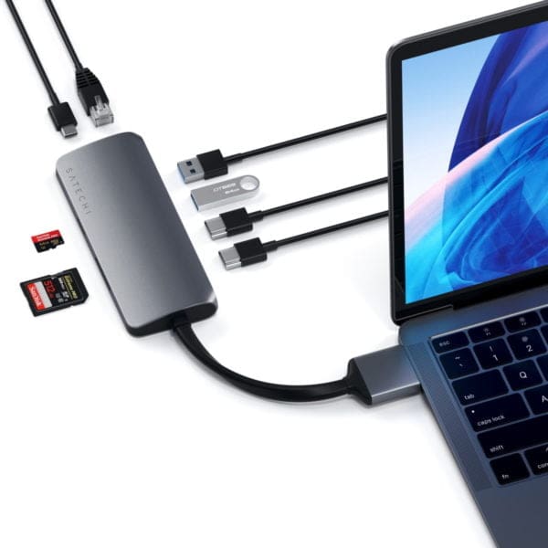Satechi Αλουμινένιος Type-C Dual Multimedia Αντάπτορας με 2x εξόδους HDMI, 1x USB-PD, Gigabit Ethernet, micro/SD card reader & USB 3.0 εξόδους σε χρώμα Space Grey