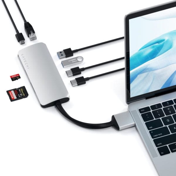 Satechi Αλουμινένιος Type-C Dual Multimedia Αντάπτορας με 2x εξόδους HDMI, 1x USB-PD, Gigabit Ethernet, micro/SD card reader & USB 3.0 εξόδους σε χρώμα Silver