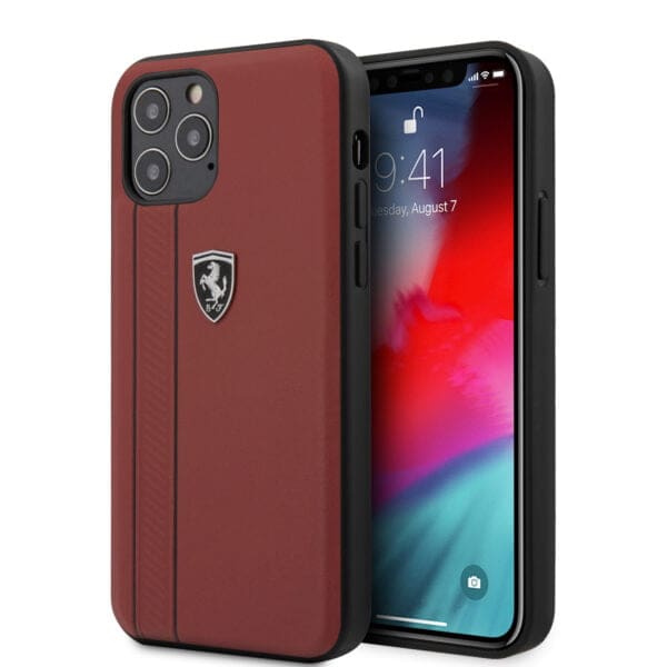 Ferrari "Off Track" Hard Leather Case with Embossed Stripes Θήκη προστασίας από γνήσιο δέρμα – iPhone 12 / iPhone 12 Pro (Κόκκινη/Leather/3D Logo)