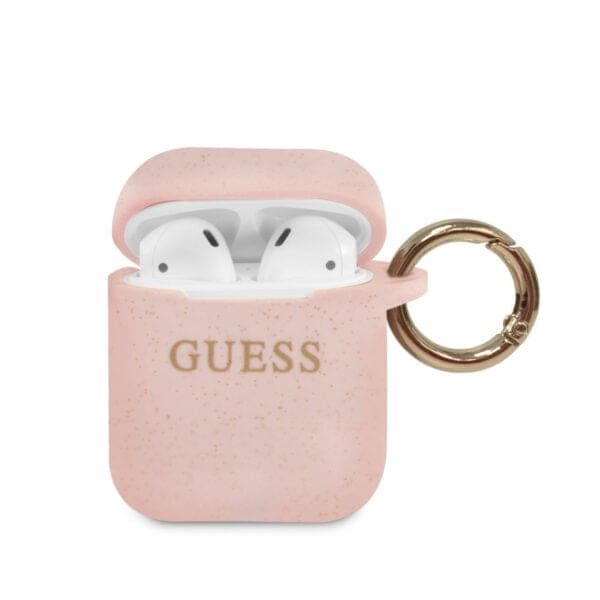 Guess Printed Logo Silicone Case Θήκη προστασίας από σιλικόνη για Apple Airpods 1/2 (Light Pink/Glitter)