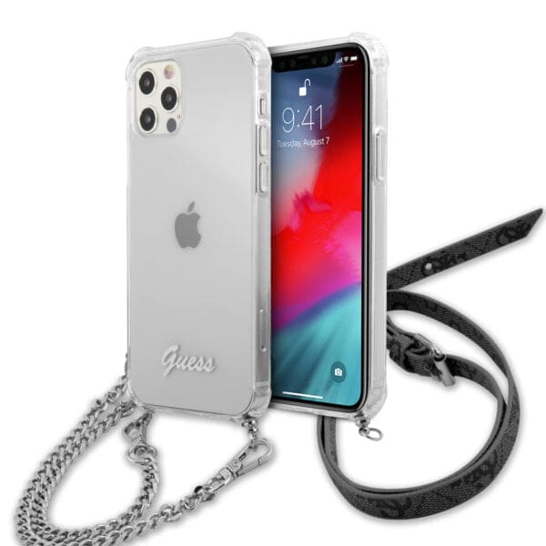 Guess "4G Logo Collection" Θήκη προστασίας από σιλικόνη με ασημένια αλυσίδα – iPhone 12 / 12 Pro (Διάφανο/Ασημί)