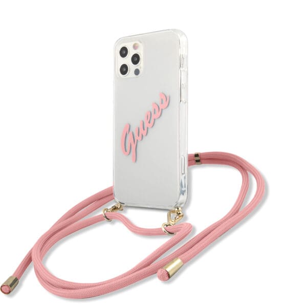Guess “Vintage Script Pink Logo Collection” Σκληρή Θήκη προστασίας από σιλικόνη με κορδονάκι χειρός – Apple iPhone 12 / iPhone 12 Pro (Διάφανη)