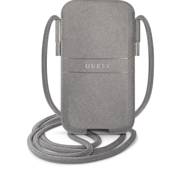 Guess Saffiano Pouch with cord Τσαντάκι κατάλληλο για smartphone Large (180x105mm) με κορδονάκι (Grey - GUPHLPSASBGR)