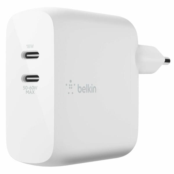 Belkin Boost↑Charge Dual USB-C PD GaN Wall Charger Οικιακός φορτιστής ισχύος 63W (λευκός) (WCH003vfWH)