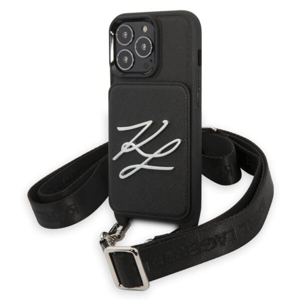 Karl Lagerfeld Crossbody Autograph Saffiano Hard Case Karl's Head Θήκη προστασίας από δερματίνη με λουράκι – iPhone 13 Pro Max (Μαύρο - KLHCP13XSAKLCK)