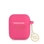 Guess Printed Gold Logo Θήκη προστασίας από σιλικόνη για Apple Airpods 1/2 με χρυσό κρεμαστό στολίδι (Φούξια)