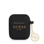 Guess Printed Gold Logo Θήκη προστασίας από σιλικόνη για Apple Airpods 1/2 με χρυσό κρεμαστό στολίδι (Μαύρη)