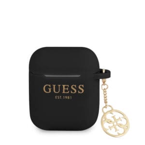 Guess Printed Gold Logo Θήκη προστασίας από σιλικόνη για Apple Airpods 1/2 με χρυσό κρεμαστό στολίδι (Μαύρη)