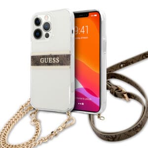 Guess Transparent Brown Stripe Hard Case Θήκη προστασίας με χρυσή αλυσίδα για iPhone 13 Pro (Καφέ/Διάφανη)