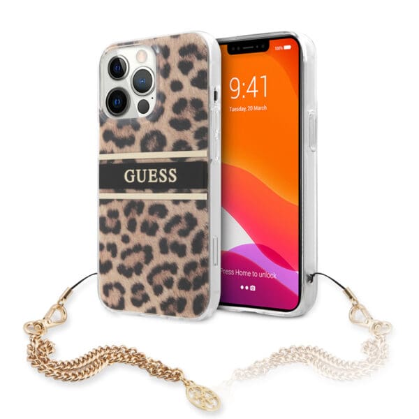 Guess Leopard Stripe Hard Case Θήκη προστασίας με animal print σχεδίαση και χρυσή αλυσίδα για iPhone 13 Pro Max (Καφέ/Leopard)