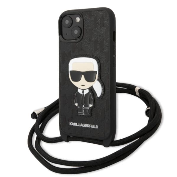 Karl Lagerfeld Monogram with Patch and Cord PU Leather Case Head Θήκη προστασίας από δερματίνη με λουράκι – iPhone 13 (Μαύρο - KLHCP13MCMNIPK)
