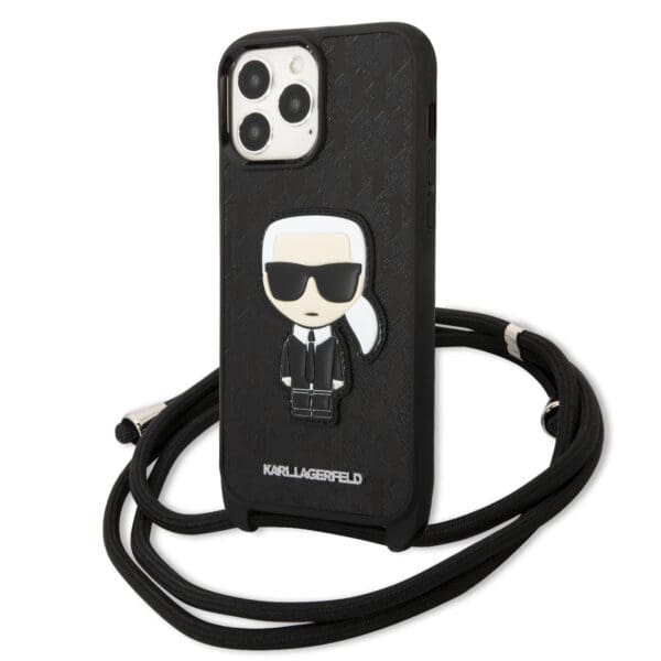 Karl Lagerfeld Monogram with Patch and Cord PU Leather Case Head Θήκη προστασίας από δερματίνη με λουράκι – iPhone 13 Pro Max (Μαύρο - KLHCP13XCMNIPK)