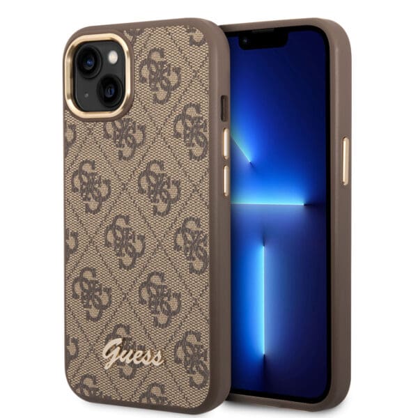 Guess “4G Logo Collection” Script Metal Logo Θήκη προστασίας από δερματίνη – iPhone 14 (Καφέ)