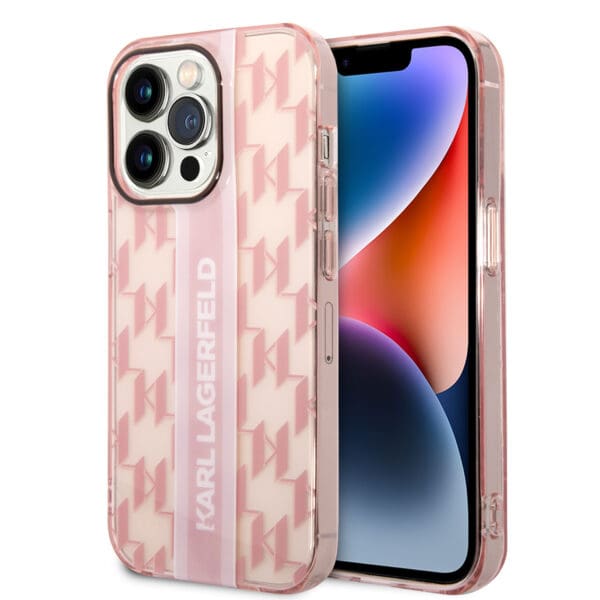 Karl Lagerfeld Monogram Stripe Back Cover PU Leather Case Θήκη προστασίας από δερματίνη – iPhone 14 Pro Max (Ροζ - KLHCP14XHKLSPCP)