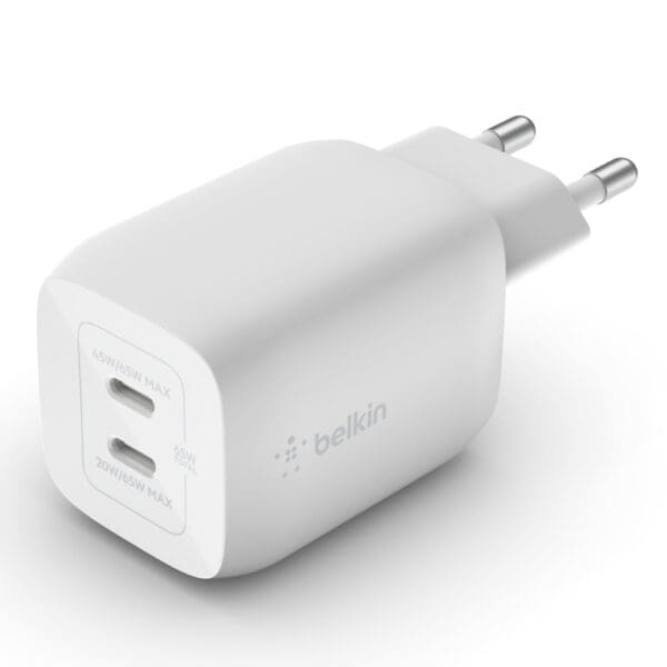 Belkin Boost↑Charge Pro Dual USB-C GaN Wall Charger Οικιακός φορτιστής με τεχνολογία PPS ισχύος 65W (λευκός) (WCH013vfWH)