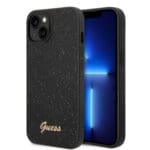 Guess Glitter Flakes Case with Ikonik Patch and Vintage Script Logo Θήκη προστασίας από σιλικόνη – iPhone 14 Plus (Glitter Black)