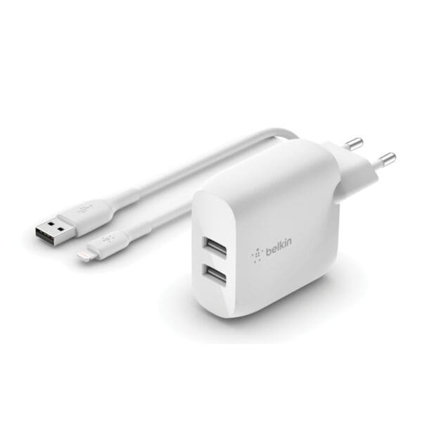 Belkin Boost↑Charge Dual USB-A Wall Charger Οικιακός φορτιστής ισχύος 24W (λευκός) + Καλώδιο USB σε Lightning (WCD001vf1MWH)
