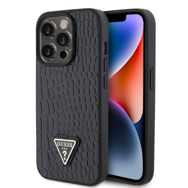 Guess “Croco Triangle Logo Collection” Θήκη προστασίας από δερματίνη με μεταλλικό λογότυπο – iPhone 15 Pro (Μαύρο – GUHCP15LPCRTHCK)