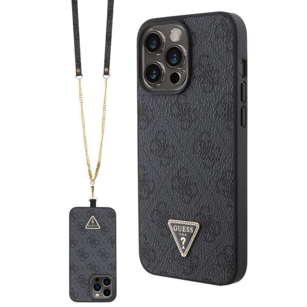 Guess "4G Metal Logo Strass Collection" Crossbody Case Θήκη προστασίας από δερματίνη με λουράκι – iPhone 15 Pro Max (Μαύρο – GUHCP15XP4TDSCPK)