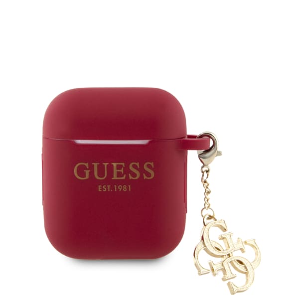 Guess Printed Gold Logo Θήκη προστασίας από σιλικόνη για Apple Airpods 1/2 με χρυσό κρεμαστό στολίδι (Σκούρο Κόκκινο)