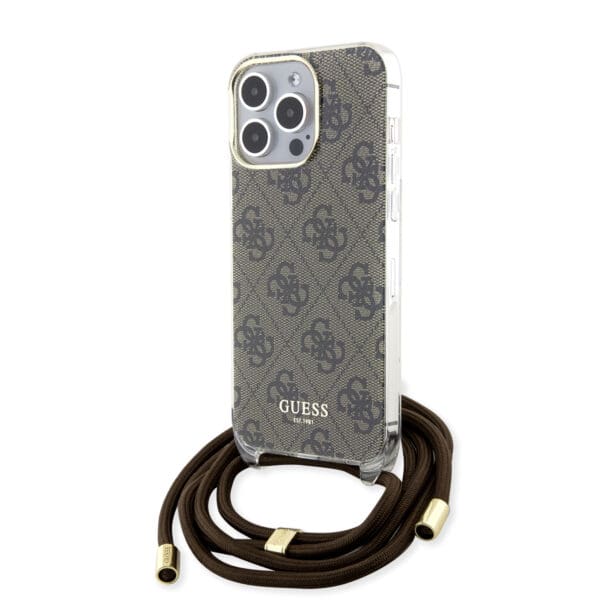 Guess "4G Logo Collection" Crossbody Hard Case Script Metal Logo Θήκη προστασίας από σιλικόνη με λουράκι – iPhone 15 Pro (Καφέ – GUHCP15LHC4SEW)