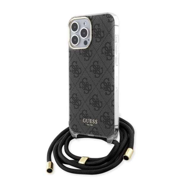 Guess "4G Logo Collection" Crossbody Hard Case Script Metal Logo Θήκη προστασίας από σιλικόνη με λουράκι – iPhone 15 Pro (Μαύρο – GUHCP15LHC4SEK)
