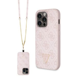 Guess “Triangle Metal Logo Strass Collection” Crossbody Case Θήκη προστασίας από δερματίνη με λουράκι – iPhone 14 Pro (Ροζ – GUHCP14LP4TDSCPP)