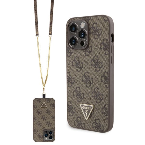 Guess “4G Metal Logo Strass Collection” Crossbody Case Θήκη προστασίας από δερματίνη με λουράκι – iPhone 14 Pro Max (Καφέ – GUHCP14XP4TDSCPW)
