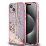 Guess “Liquid Glitter Gold Stripes" Ημιδιάφανη Θήκη προστασίας από σιλικόνη – iPhone 15 Plus (Ροζ – GUHCP15MLFCSEGP)