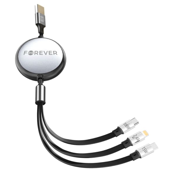 Forever 3in1 cable USB - Lightning + 2x USB-C 1,2 m 100W black - Αναδιπλούμενο καλώδιο Φόρτισης και μεταφοράς δεδομένων 3 σε 1