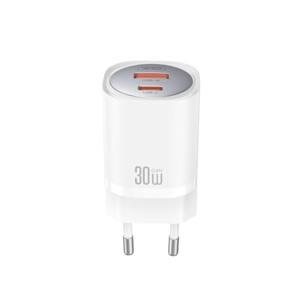 XO wall charger CE21 PD 30W 1x USB-C 1x USB white - Φορτιστής Ταχείας Φόρτισης Τοίχου Ταξιδίου με αναδιπλούμενο καλώδιο