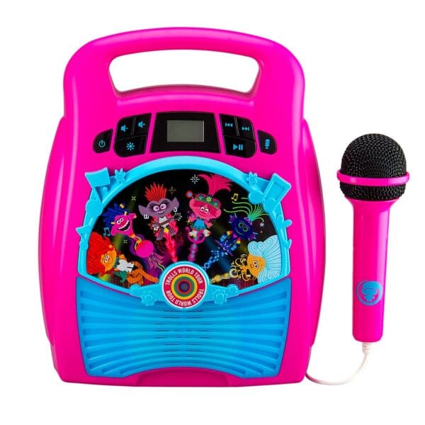 eKids Trolls 2 Bluetooth MP3 Boombox Karaoke & Ασύρματο Μικρόφωνο για παιδιά και εφήβους με ενσωματωμένη μουσική, φωτισμό, Sound Effects (TR-553) (Γαλάζιο/Μωβ)
