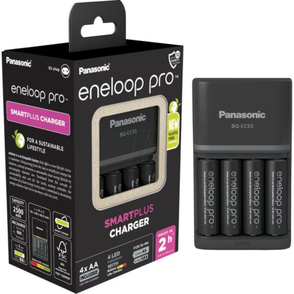 Panasonic Eneloop Pro SmartPlus Charger K-KJ55HCD40E – Φορτιστής + 4x AA Επαναφορτιζόμενες Μπαταρίες Ni-MH 2500mAh