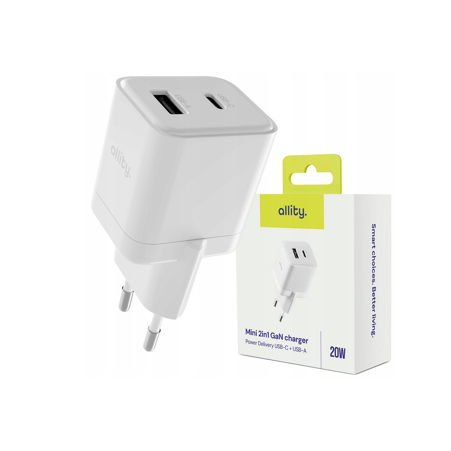Φορτιστής τοίχου Allity GaN PD QC ATC-01-20WAC 1x USB-c 1x USB-a 20W λευκός
