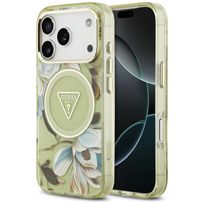 Guess IML Glitter Flowers Triangle MagSafe Case for iPhone 18 Pro / 17 Pro – Green – Θήκη Προστασίας για iPhone 18 Pro / 17 Pro σε Πράσινο Χρώμα