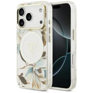 Guess IML Glitter Flowers Triangle MagSafe Case for iPhone 18 Pro / 17 Pro – White – Θήκη Προστασίας για iPhone 18 Pro / 17 Pro σε Λευκό Χρώμα