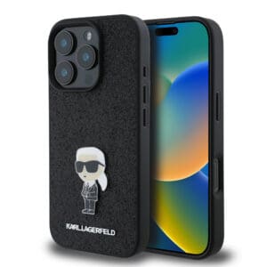 Karl Lagerfeld Ikonik Fixed Glitter Hard Case with Ikonik Metal Logo Θήκη προστασίας από σιλικόνη – iPhone 16 Pro Max (Glitter Black – KLHCP16XGKNPSK)